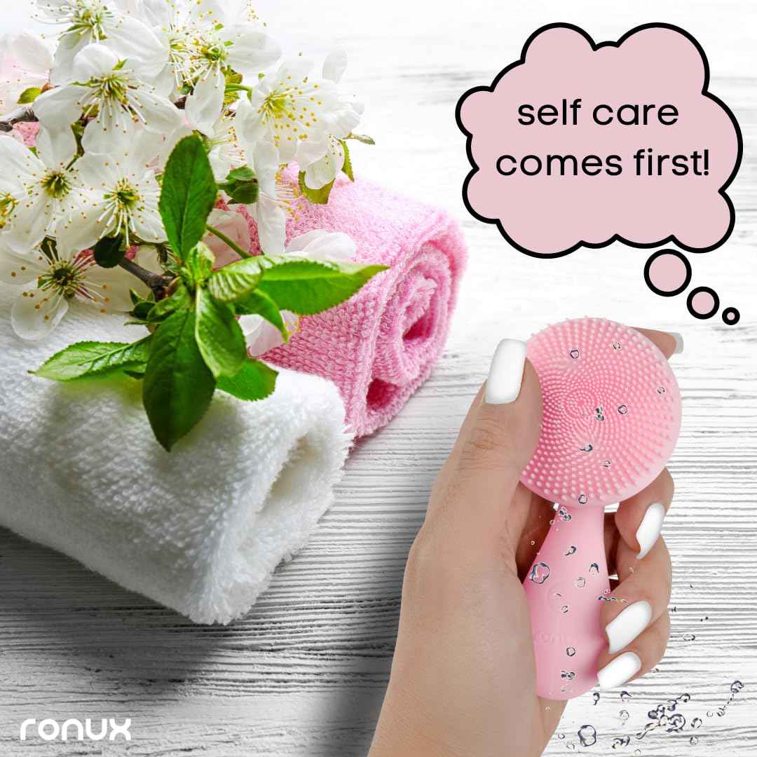 Ronux Silicon Facial Cleansing Brush - Electric, Rechargeable, Waterproof IPX7 - Rotating Magnetic Beads - 4 Function Modes - Face Massage for Deep Cleaning - Magnetic Charging Base - Ergonomic Handle