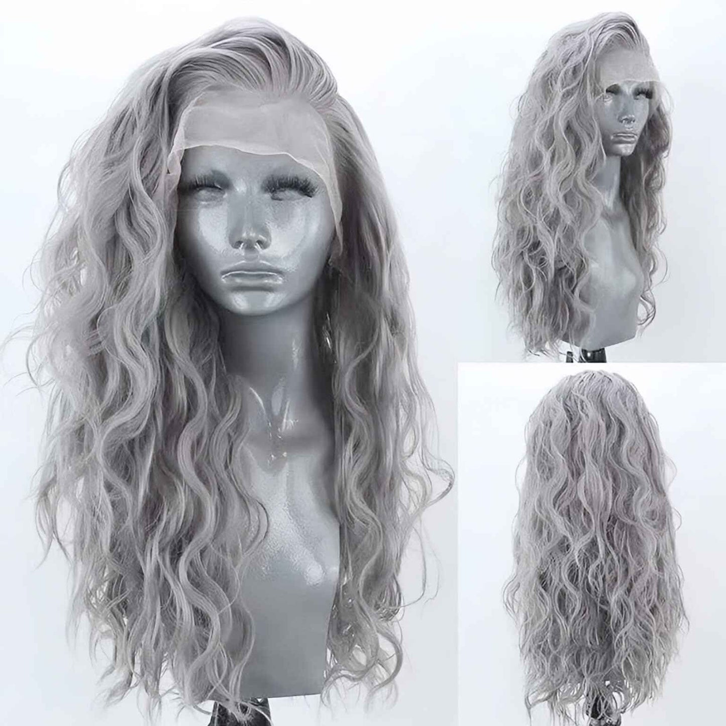 Silver Grey Long Curly Synthetic Lace Front Wigs for Women Free Part Pre Plucked Natural Hairline Lace Front Synthetic Cosplay Wigs Glueless Daily Wear Costume Wig 24 Inches