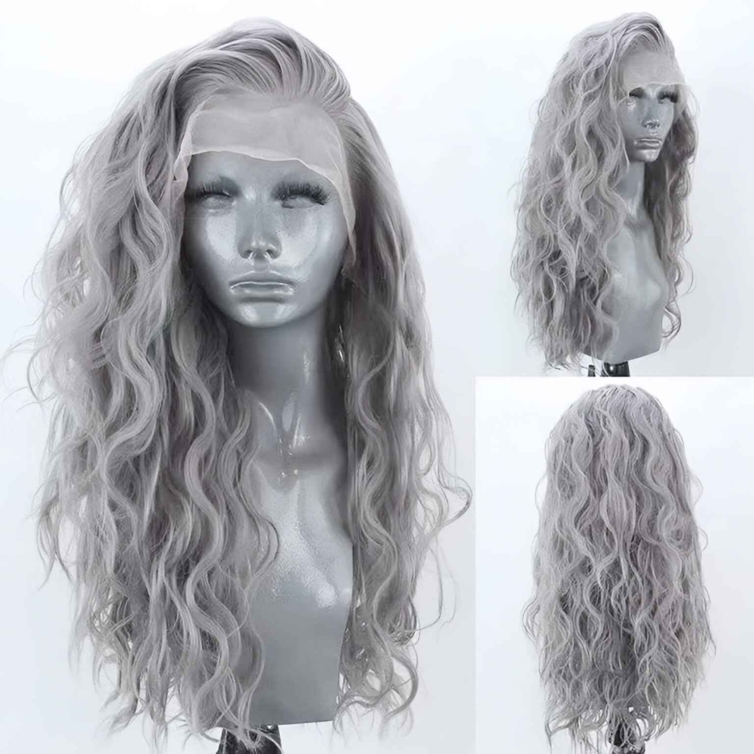 Silver Grey Long Curly Synthetic Lace Front Wigs for Women Free Part Pre Plucked Natural Hairline Lace Front Synthetic Cosplay Wigs Glueless Daily Wear Costume Wig 24 Inches