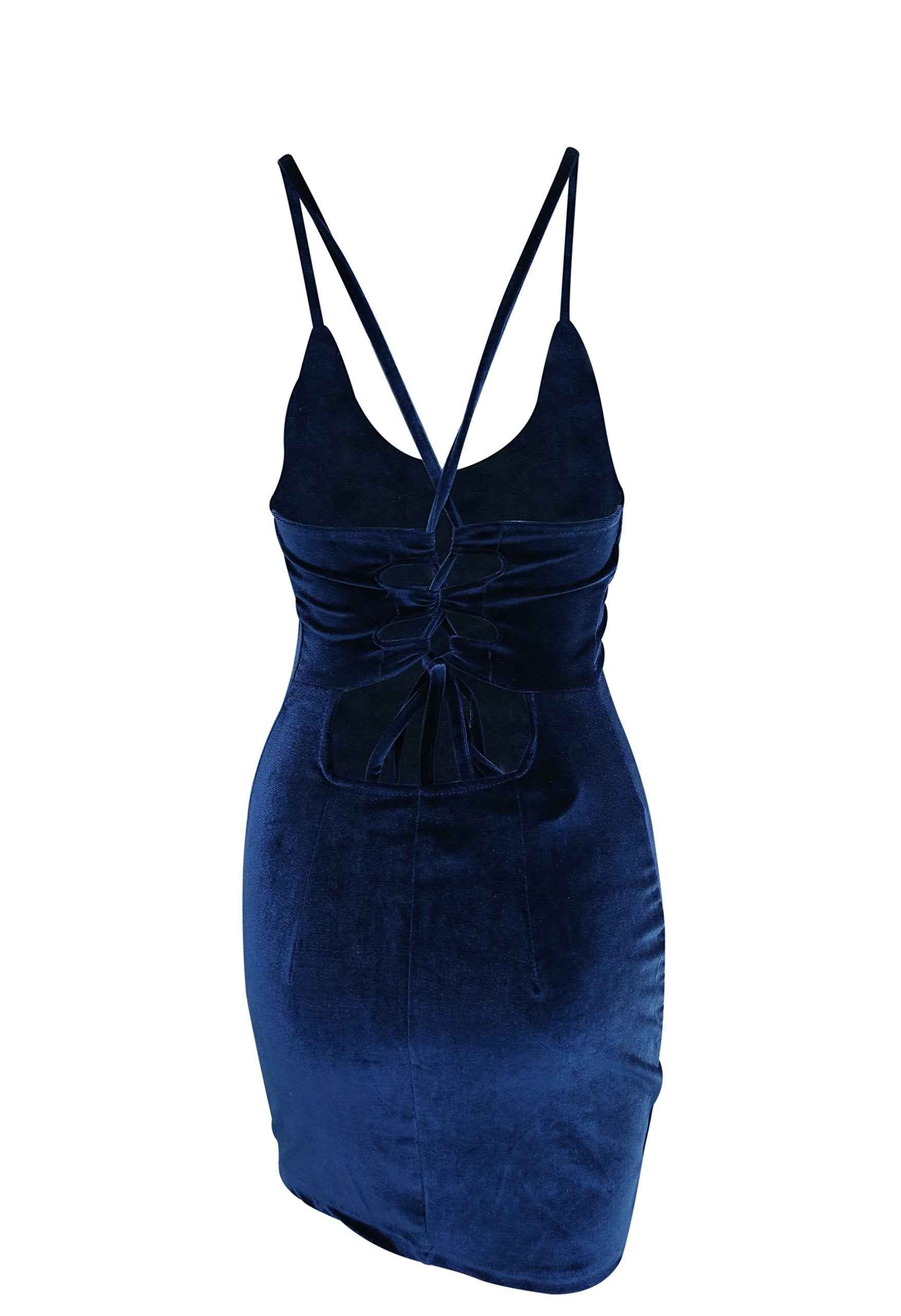 Zyyfly Women Elegant Low Cut Shoulder Strap Bandeau Open Back Tight Cotton Velvet Above Knee Sheath Celebrity Nightclub Dress Navy Blue XS