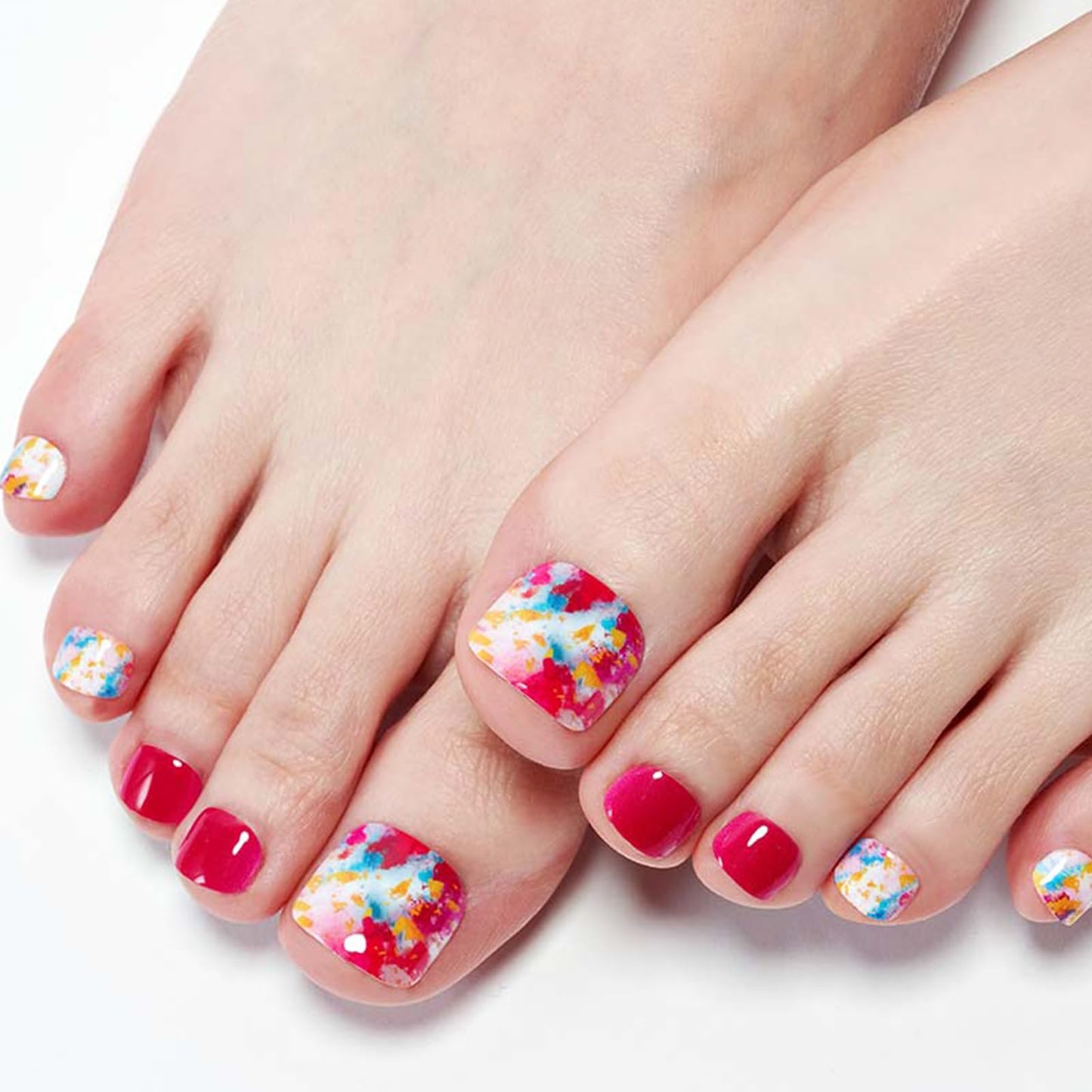 GLAMERMAID Press on Toe Nails,Short Velvet Hot Pink Toenails with Colorful Design,24 Pcs Glue on Toe Nails for Women Girls,Reusable Acrylic Stick on Toenails for Sring Summer