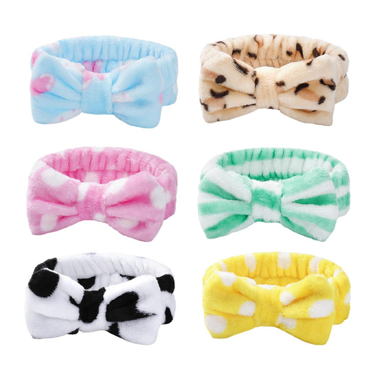 6 Pack Spa Headband, Coral Fleece Makeup Headband Cosmetic Headband for Washing Face, Bow Headbands for Shower Terry Cloth Headbands for Women Facial Hair Band