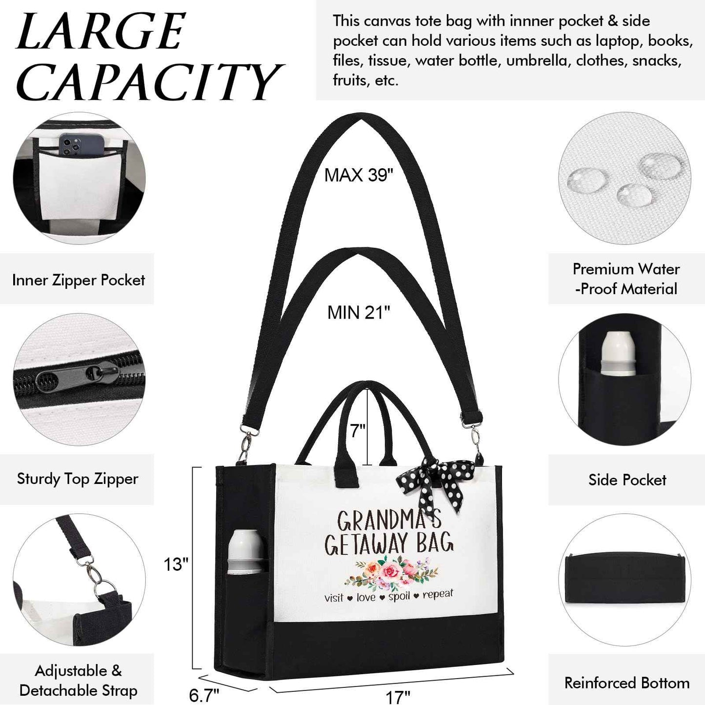 Best Grandma Gifts, Christmas Gifts for Grandma from Granddaughter Grandchildren Grandkids, Nana Birthday Gift Grandmother Canvas Tote Bag Makeup Bag Set for Gigi Unique Grandmother New Granny Gift