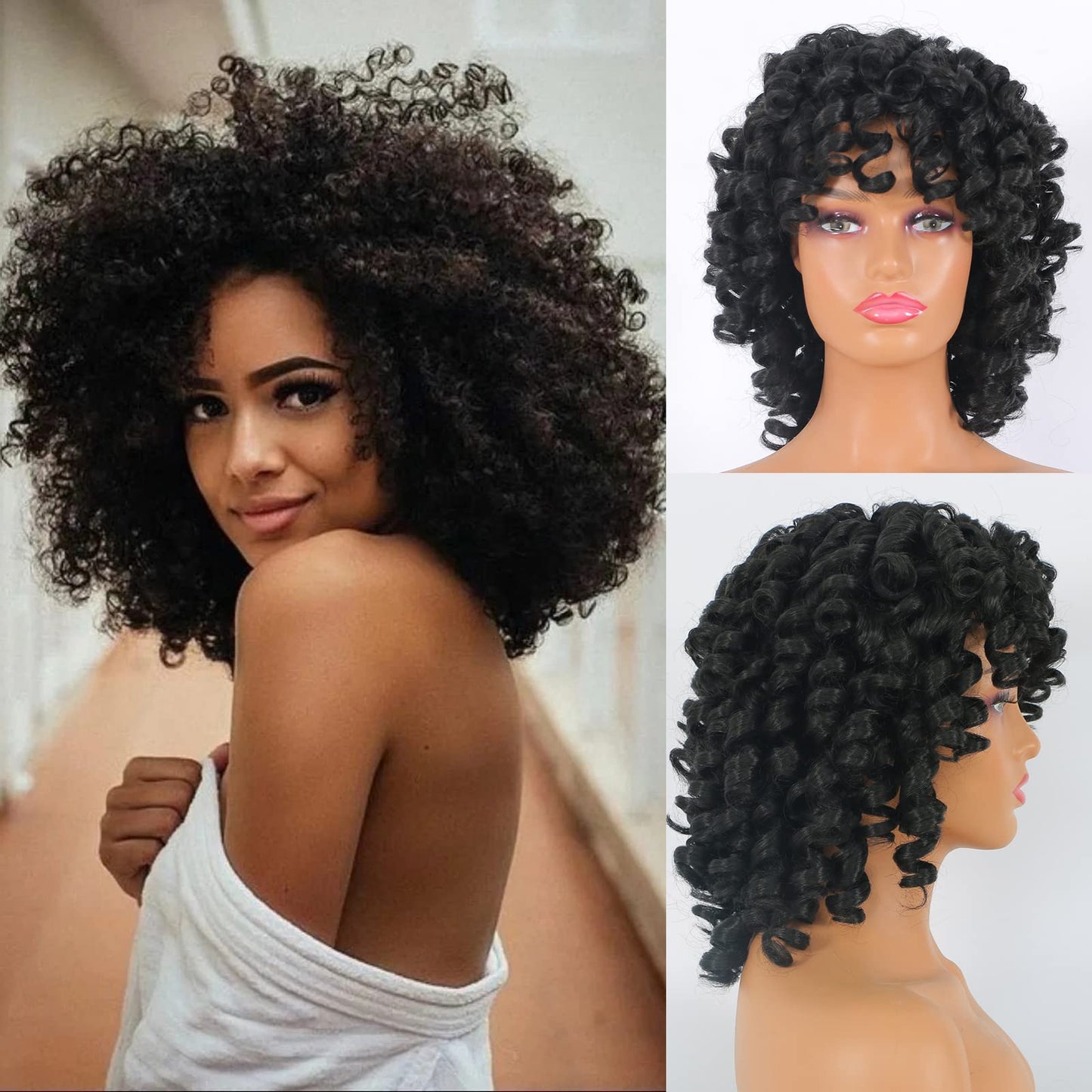 newnavat Short Curly Wigs for Black Women Soft Black Big Curly Wig with Bangs Afro Kinky Curls Heat Resistant Natural Looking Synthetic Wig for African American Women (Big Curly)