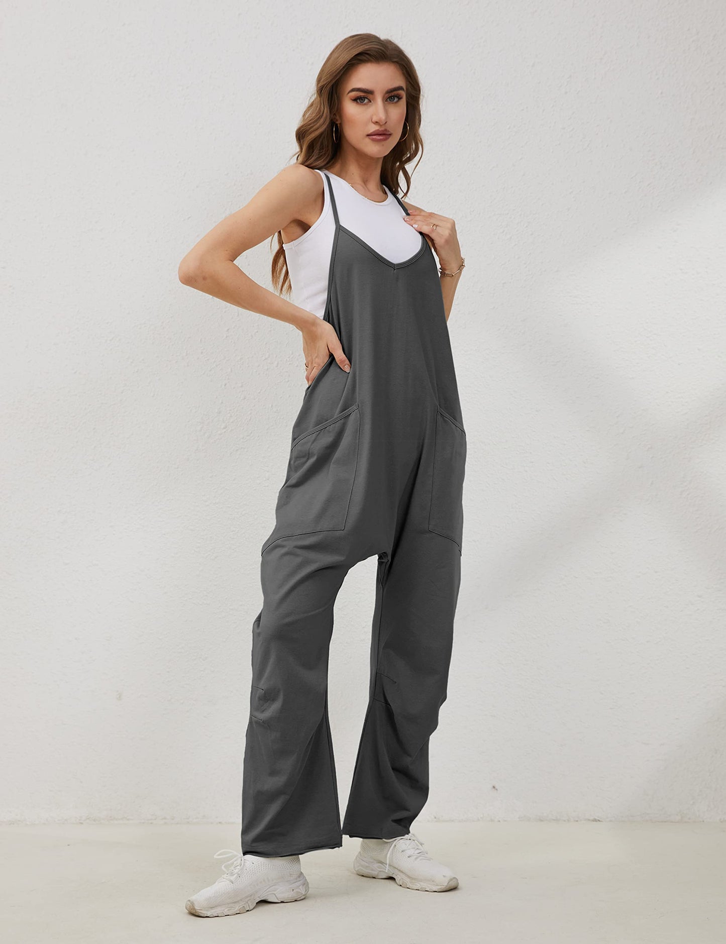 Lentta Women's Causal Jumpsuits V Neck Sleeveless Harem Overalls Stretchy Adjustable Strap Romper with Pockets(DarkGrey-S)