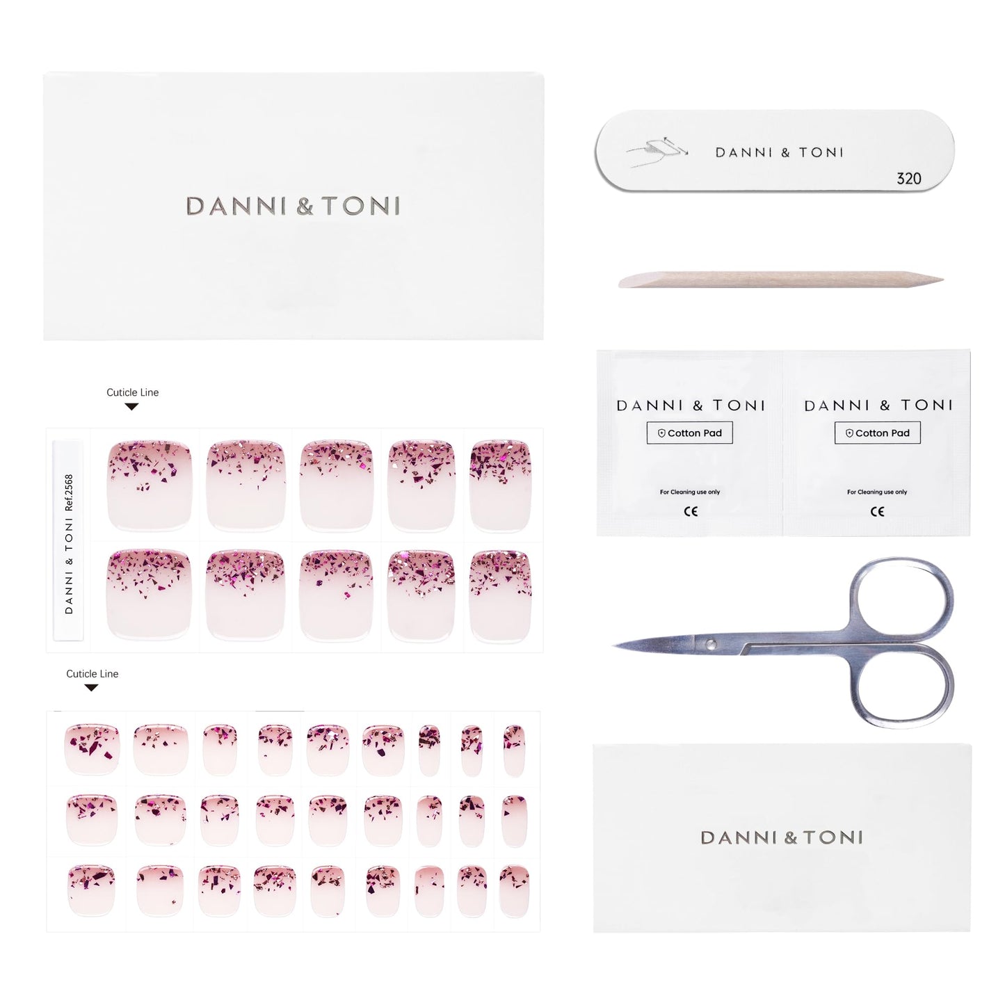 DANNI & TONI Semi Cured Gel Toenail Strips Rose Red Sparkles (Scarlet Gleam) Translucent Gel Toenail Stickers Reverse French Gel Pedi Wraps 37 Stickers