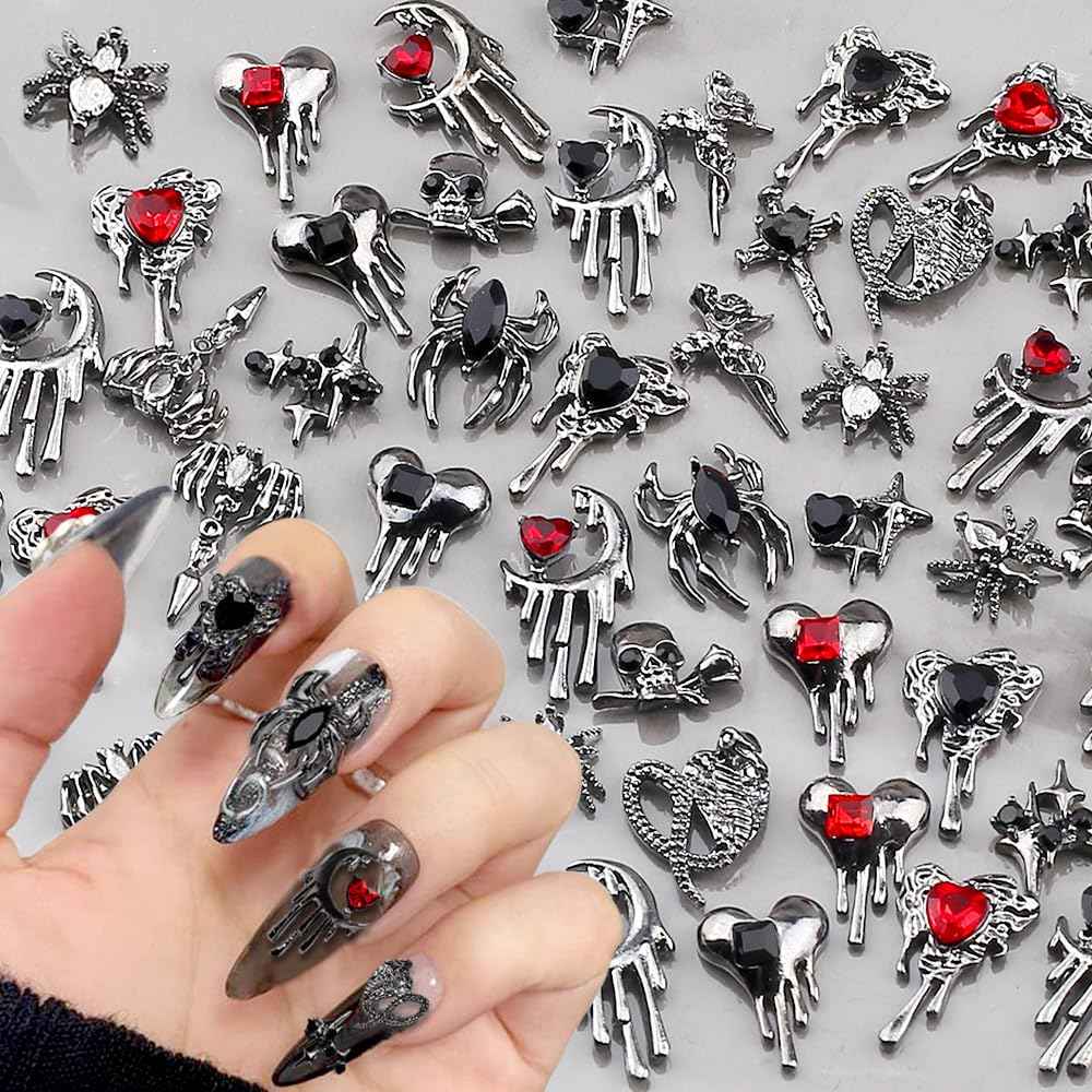 30pcs Halloween Nail Charms for Acrylic Nails 3D Halloween Charms for Nails Cross Nail Charm Star Moon Heart Spider Skull Nail Designs Alloy Nail Art Charms Metal Nail Jewels for Nail Art Supplies