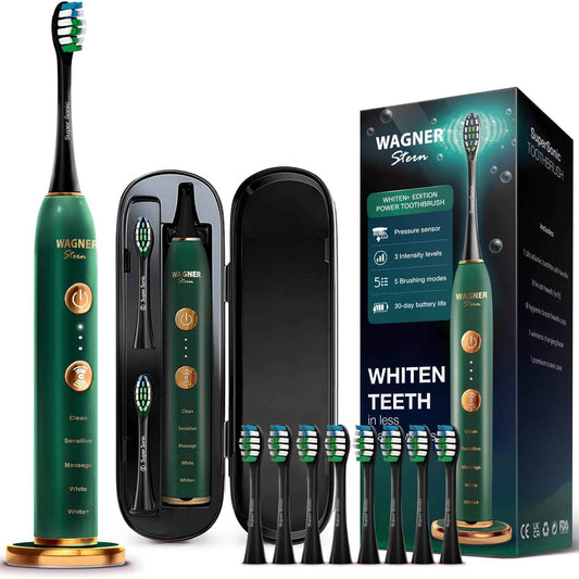 Wagner Stern WT8900 Series Electric Toothbrush – Whitening & Pressure Sensor, 5 Modes, 3 Intensities, 8 Soft Brush Heads, Rechargeable, Travel Case Included