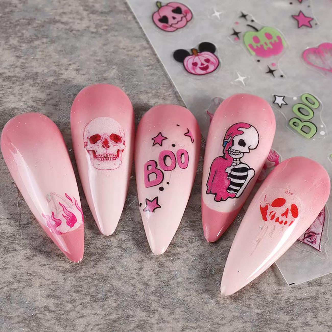 6 Sheets Pink Halloween Nail Stickers Skull Pink Ghost Nail Decals Pumpkin Nail Art Stickers 3D Self-Adhesive Nail Art Decals DIY Nail Designs Nail Supplies for Halloween for Women Girls Decoration