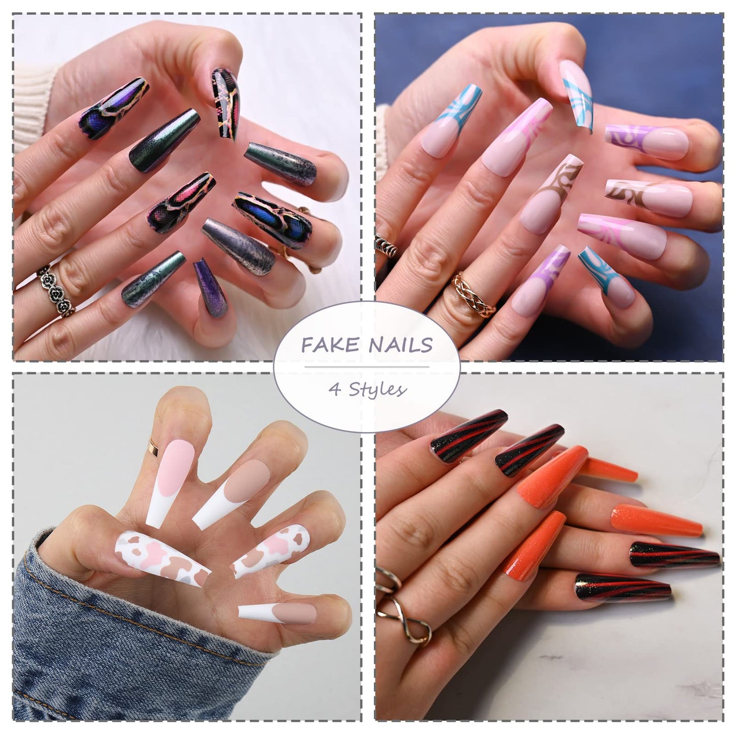 BABALAL Long Press on Nails Coffin Fake Nails Cow Print Nails Ballerina Nails Matte False Nails for Women and Girls