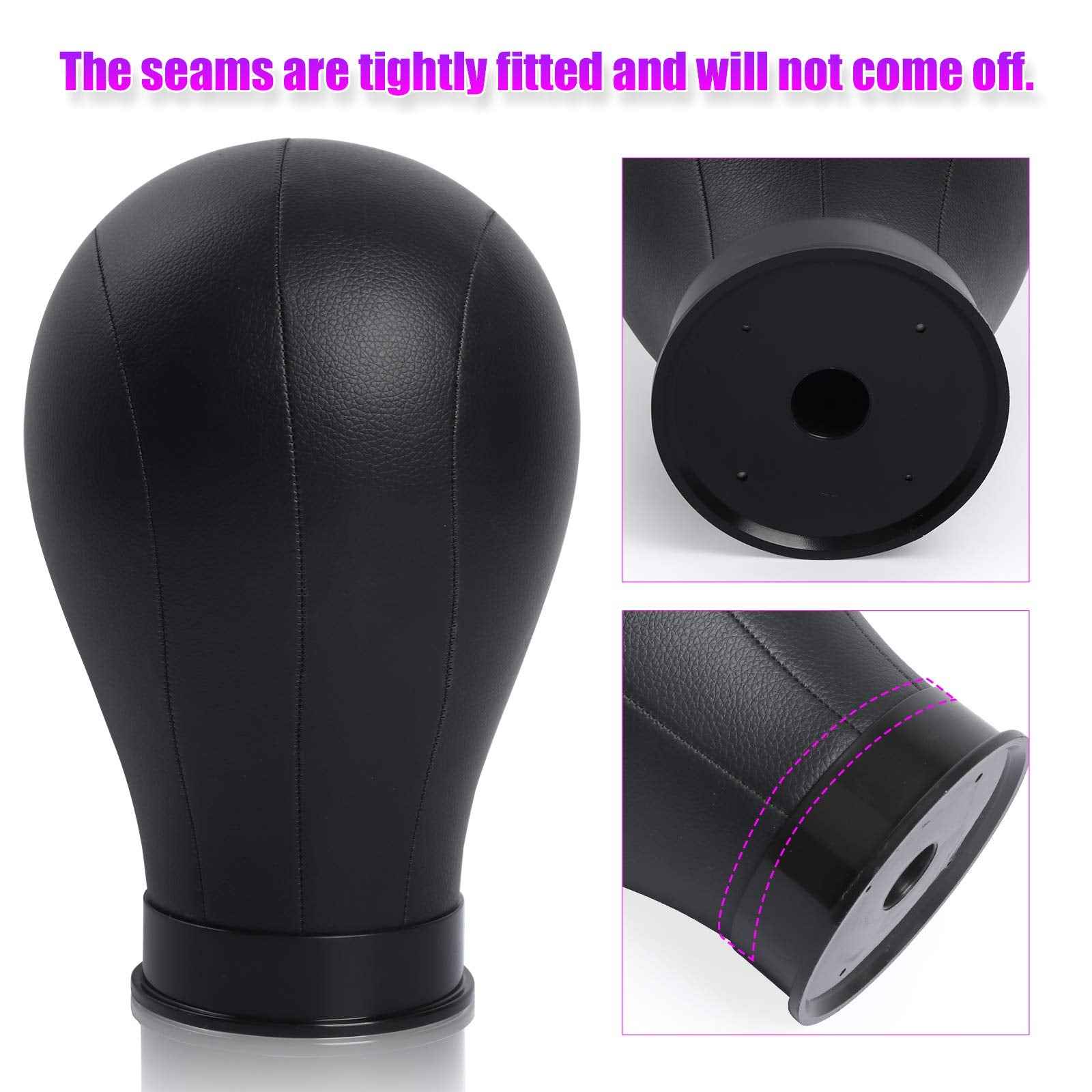 Bileaf 22 Inch Leather Wig Canvas Block Mannequin Head with Stand for Wigs Making Display Styling Canvas Head with Table C Stand Clamp Holder(Black Leather)