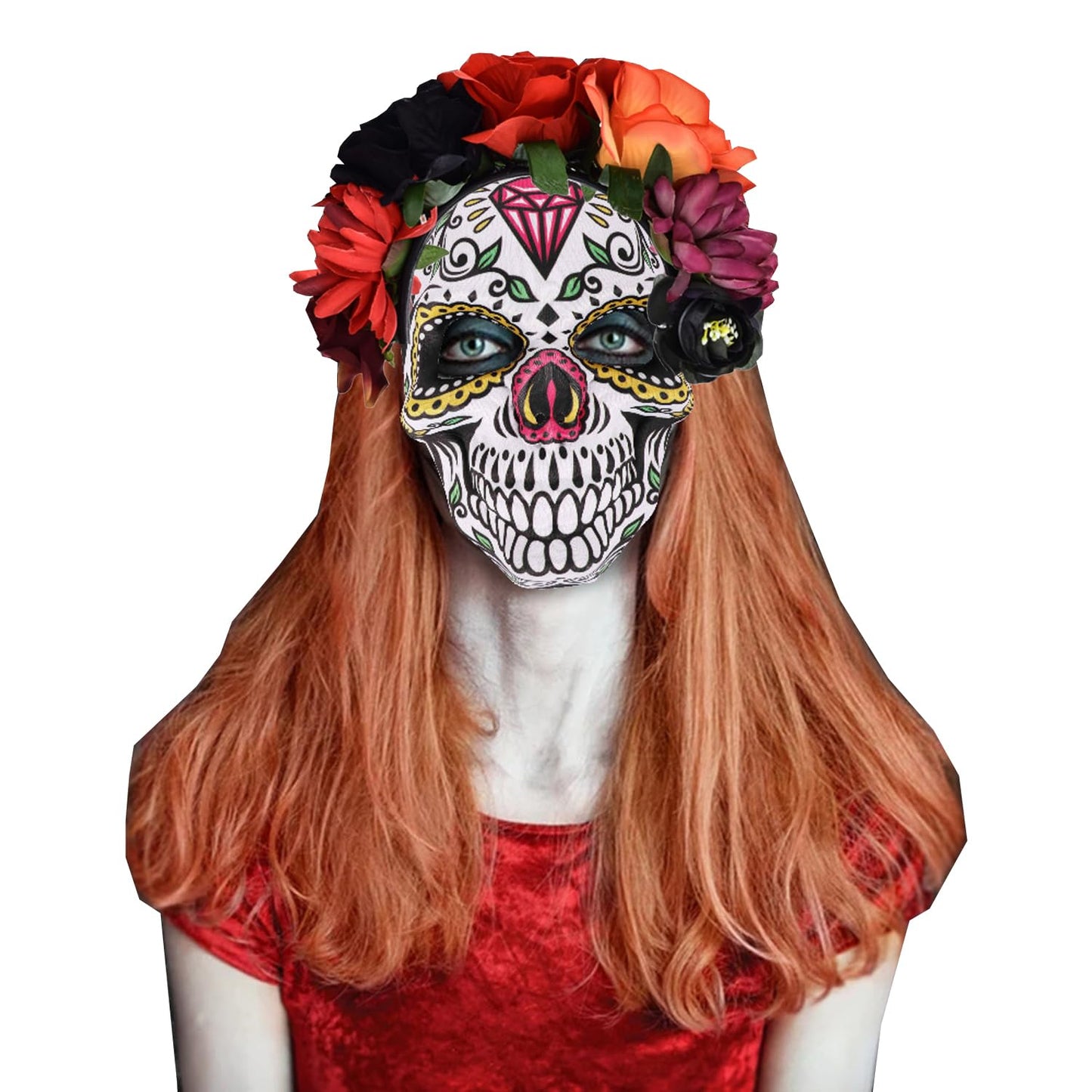 June Bloomy Day of the Dead Headpiece Halloween Costume Headpiece Mexican Floral Crown Rose Headband (Black Red Orange)