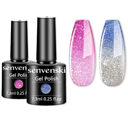 senvenski Color Changing Gel Nail Polish Blue Pink Glitter Mood Chameleon Thermal Temperature Gift Set UV LED Art Manicure Varnish (WB2-003)