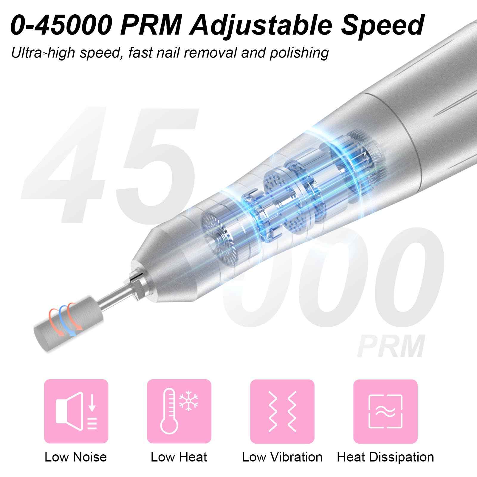 Electric Nail Drill Professional: Rechargeable Nail File with Bits for Acrylic Gel Nails, Professional Nail Drill Manicure Pedicure Polishing Shape Tools for Home Salon