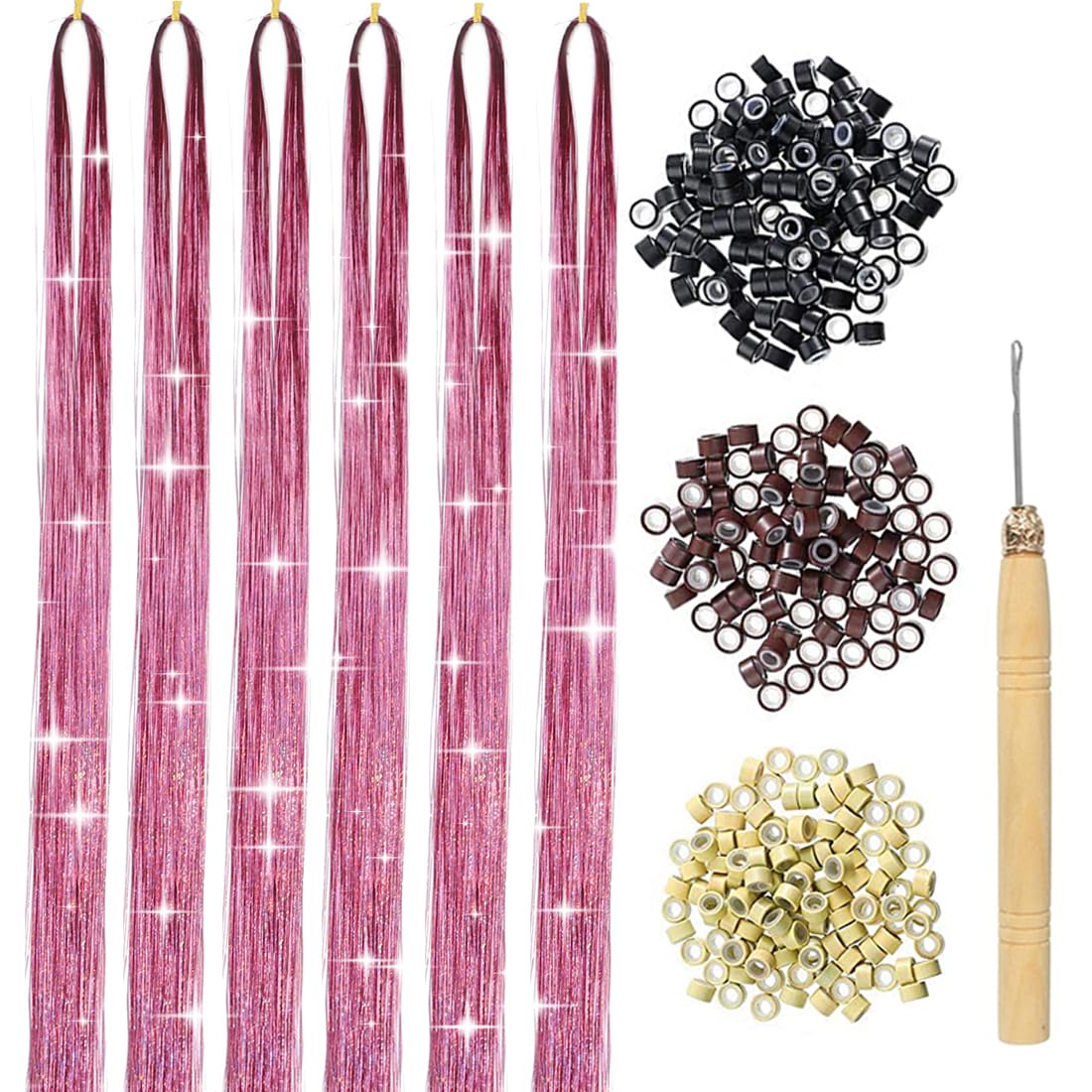 USHUIUS Hair Tinsel Kit With Tools Pink Tinsel Hair Extensions 6Pcs 1200 Strands Fairy Hair Tinsel Heat Resistant Glitter Hair Extensions Sparkling Shiny Hair Tensile for Women Girls Kids (Pink 6Pcs)