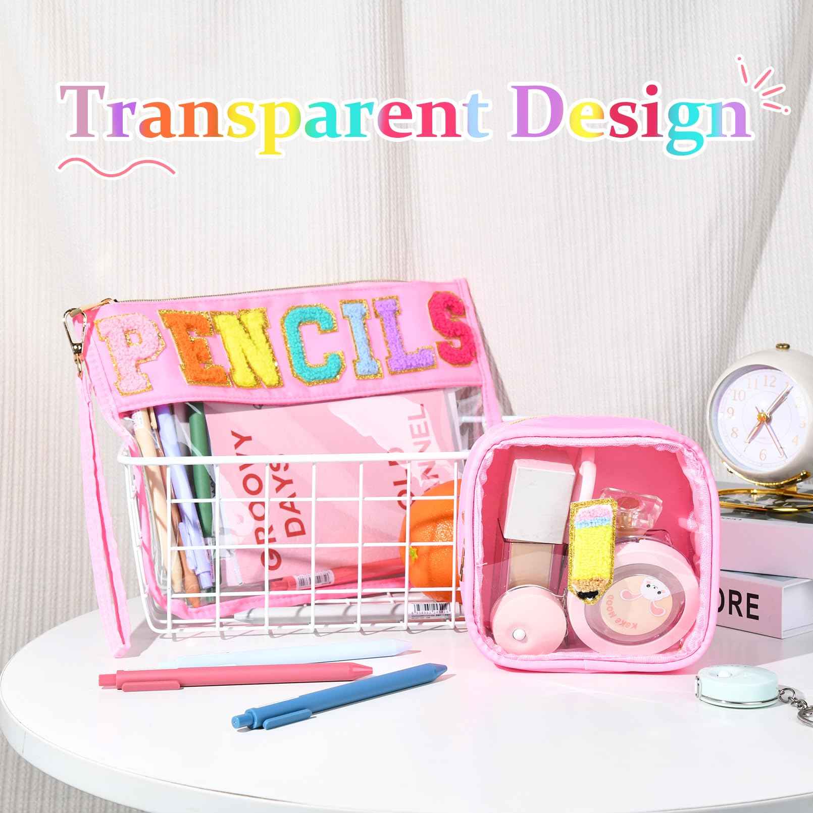 SOIDRAM 2 Pcs Bags Clear Chenille Letter Pouch Travel Bag Zipper Nylon Makeup Bag Organizer Cosmetic Pouch Toiletry Bag Waterproof Travel Gifts for Teacher