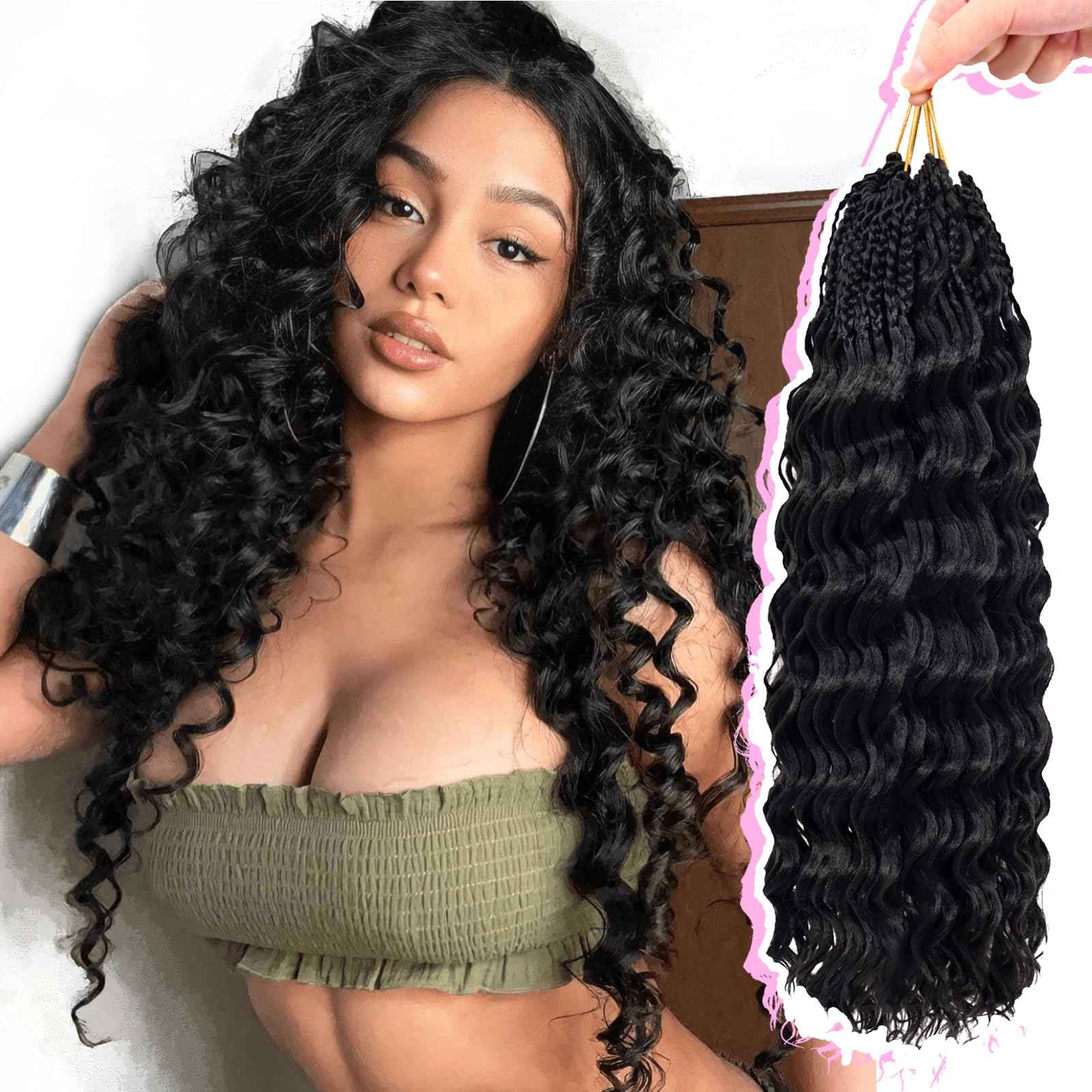 Gowit Pre Looped Deep Wave Crochet Hair 18 Inch 7 Packs Short Curly Black Pre Twisted Ocean Wave Deep Twist Crochet Braids Synthetic Braiding Hair for Black Women