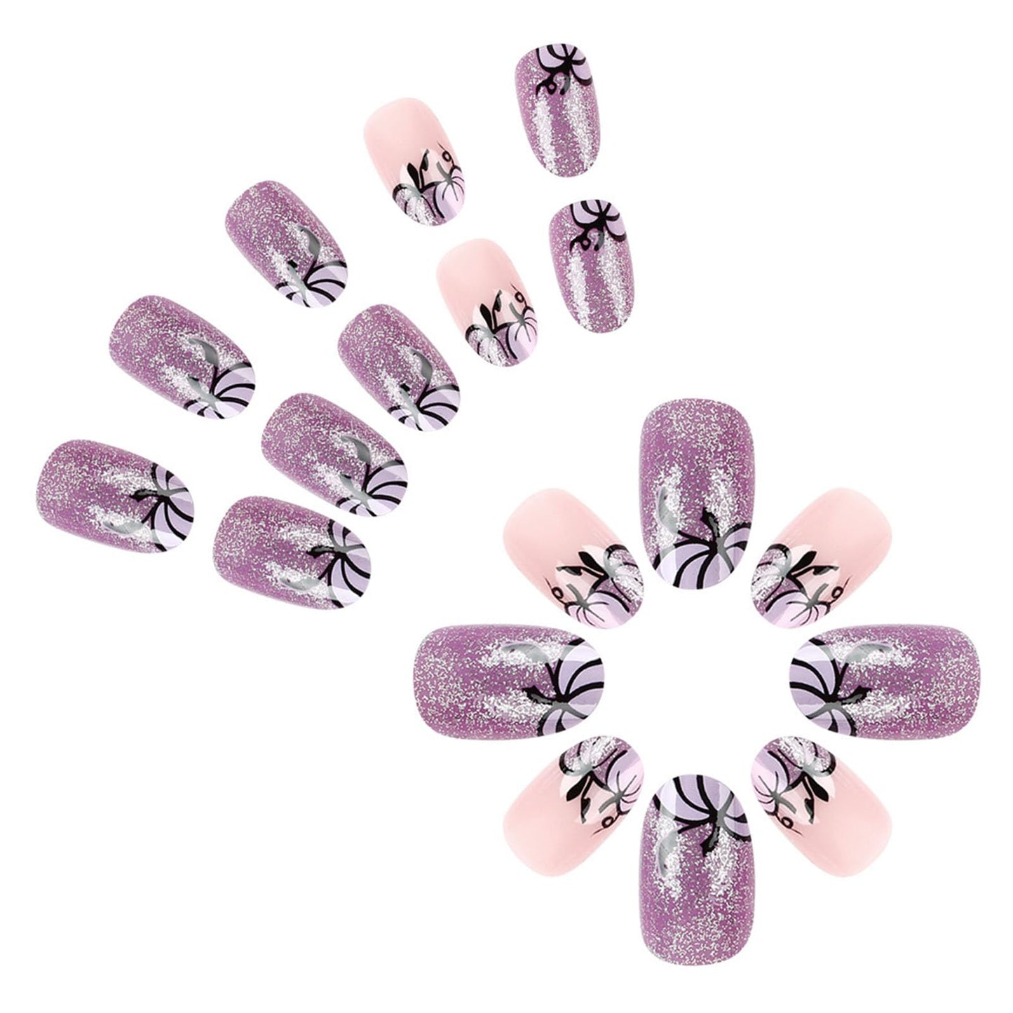 Halloween Press on Nails Short Oval Purple Glitter Fake Nails with Pumpkin Designs French Glue on Nails Glitter False Nails Press ons Glossy Acrylic Stick on Nails for Women Girls 24 Pcs