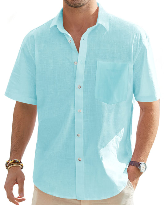 J.VER Men's Short Sleeve Linen Button Down Shirts Casual Beach Wedding Shirt with Pocket Fluorescent Blue Medium