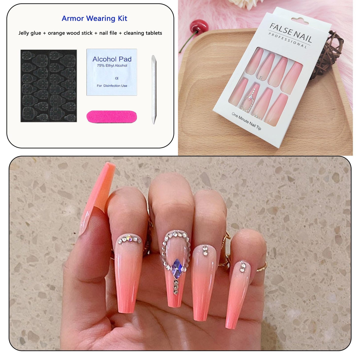 Long Press on Nails Coffin Pink Gradient Acrylic Nails Press ons with Rhinestones Design Artificial Nails Full Cover False Nails with Glue for Women and Girls 24Pcs