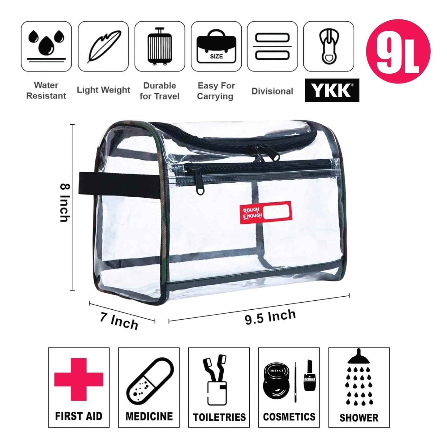 Rough Enough Clear Makeup Toiletry Bag Cosmetic Organizer Large Medicine Pouch with Zipper for Women Travel Accessories Essentials Pouch Toiletries Airport