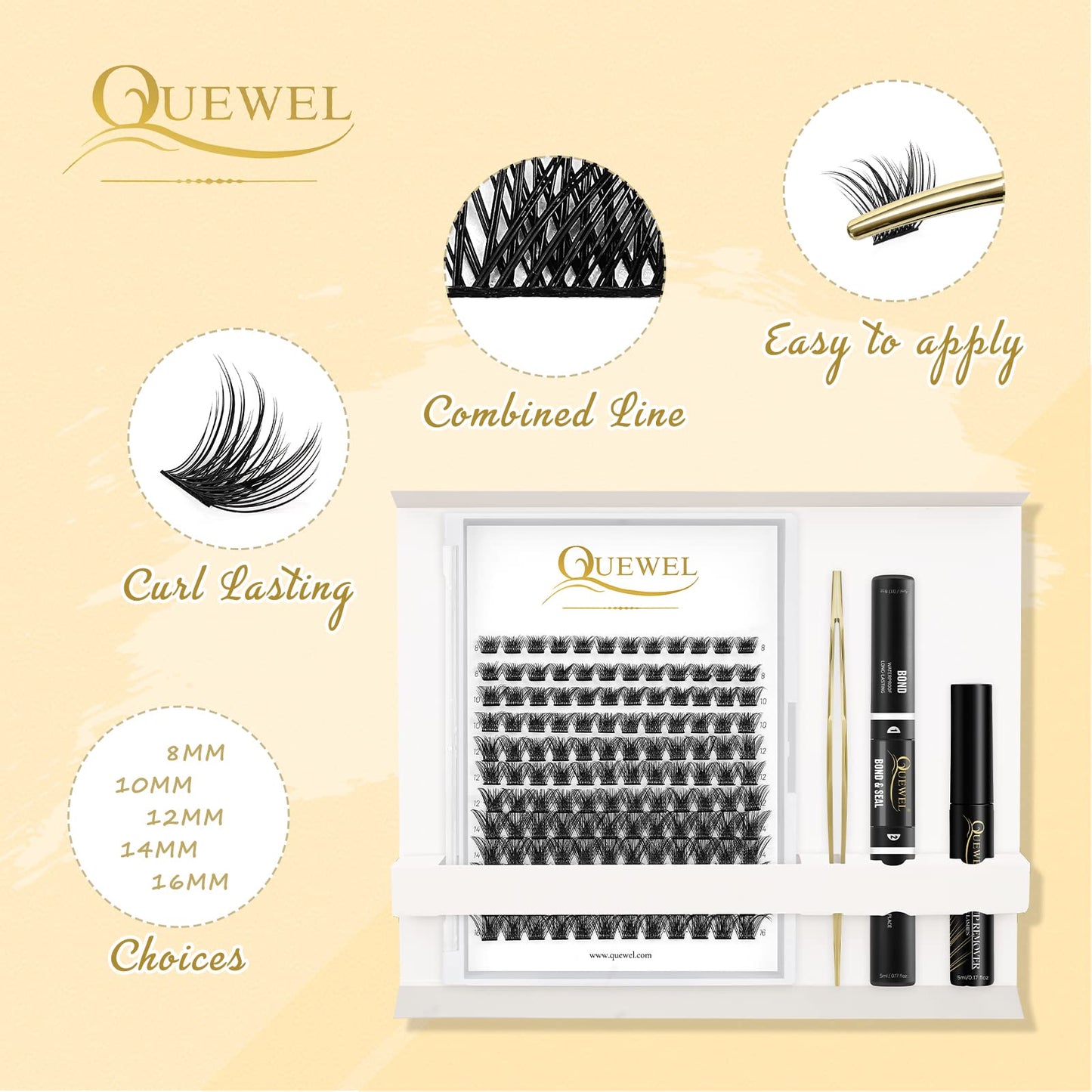 QUEWEL DIY Eyelash Extensions Kit, Lash Clusters 144 Pcs, Clusters Eyelash Applicator Tool, Eyelash Clusters Bond and Seal Super Hold, Clusters Lash Glue Remover Easy to Apply at Home(QU-H-DH-01)