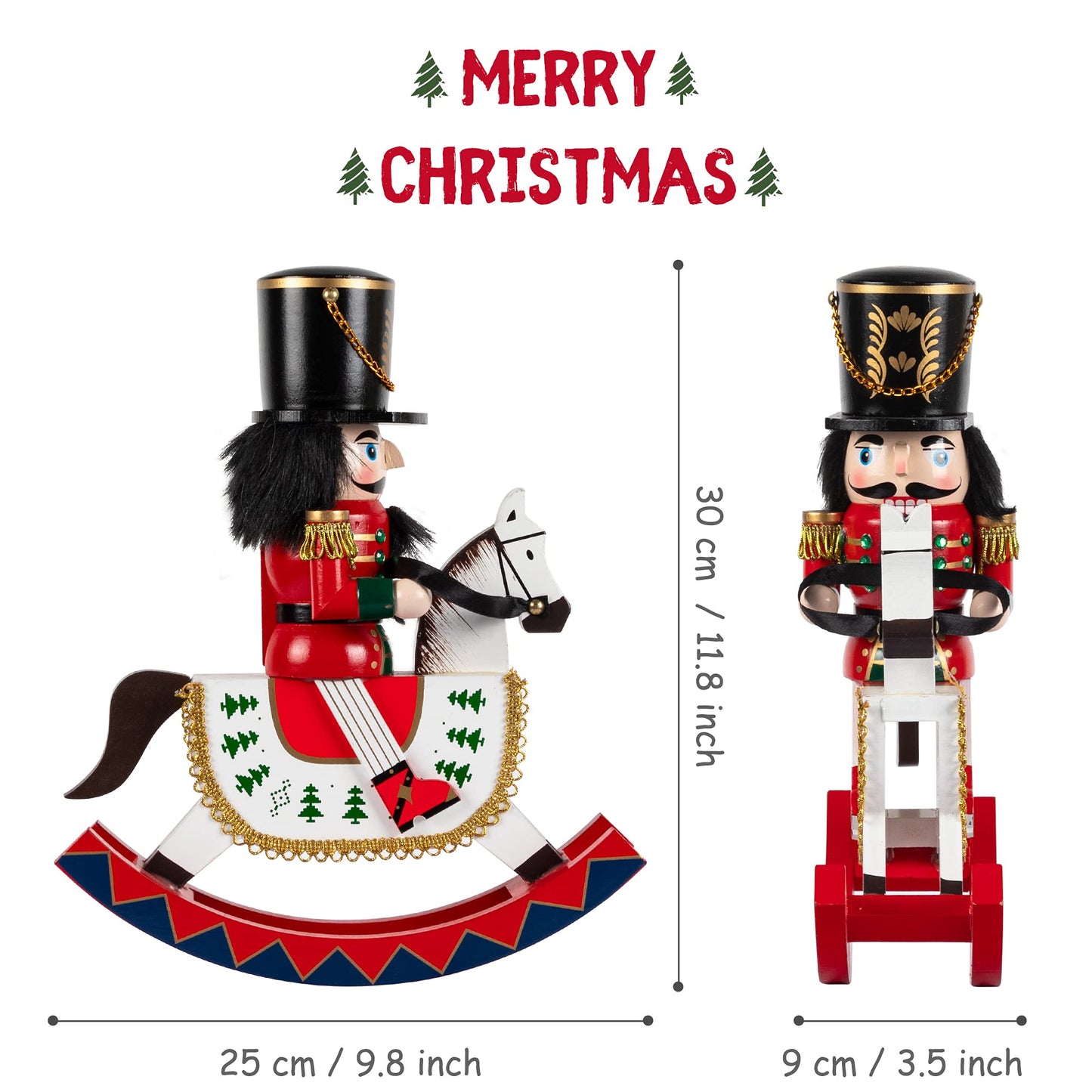 KI Store Wooden Rocking Horse Nutcracker 12-Inch Set of 2 Soldier Nutcracker Figures on Rocking Horse Christmas Decoration