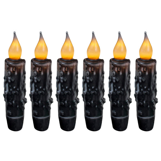 CVHOMEDECO. Real Wax Hand Dipped Battery Operated LED Timer Taper Candles Rustic Primitive Flameless Lights Décor, 4-3/4 Inch, Matt Black, 6 PCS in a Package