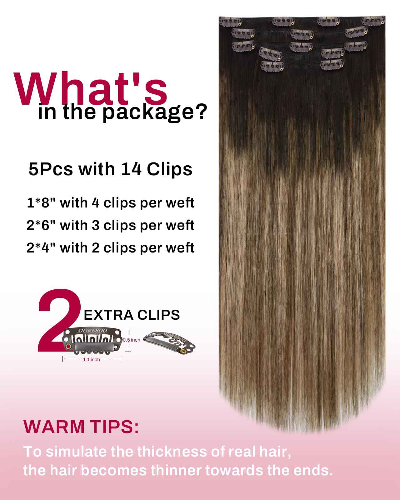 Moresoo Clip in Hair Extensions Ombre Dark Brown to Dark Ash Blonde with Blonde Balayage Hair Extensions Clip in Human Hair Double Weft 5pcs/80g 16inch