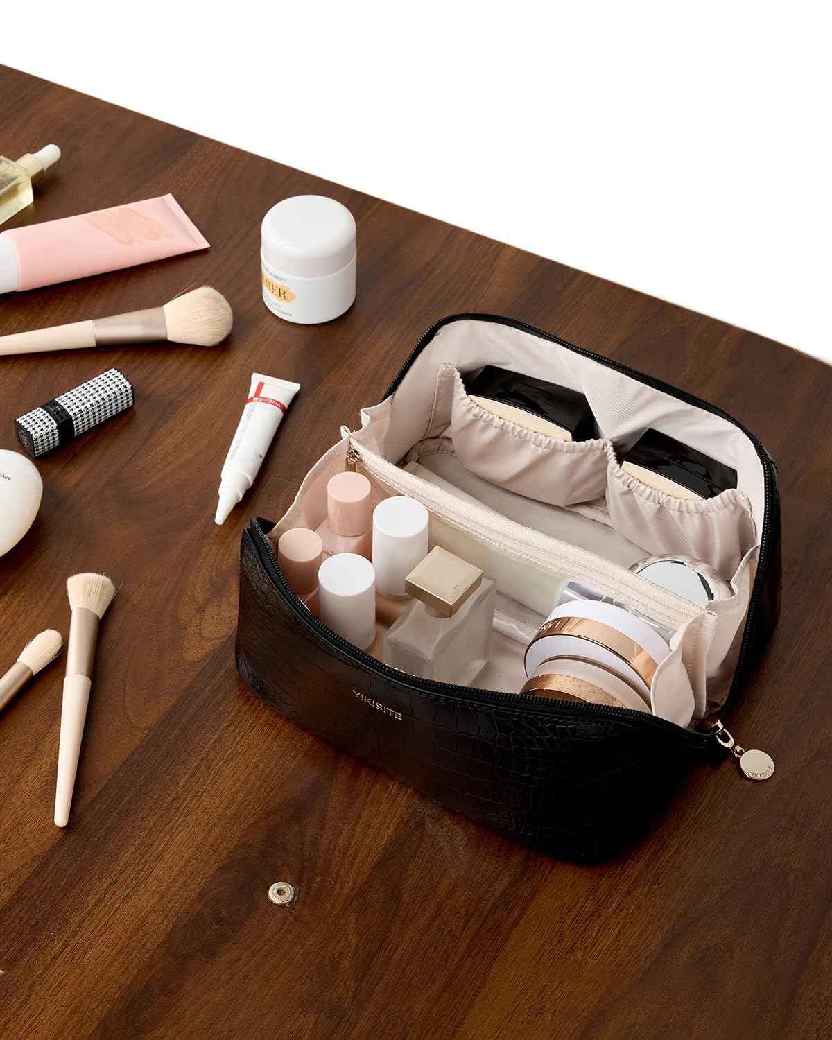 Yikisite Make Up Bag, Cosmetic Organizer for Women, Waterproof Croc PU Leather Makeup Organizer with Divider and Handle Toiletry Bag Travel Bag (Croc Embossed, Black)