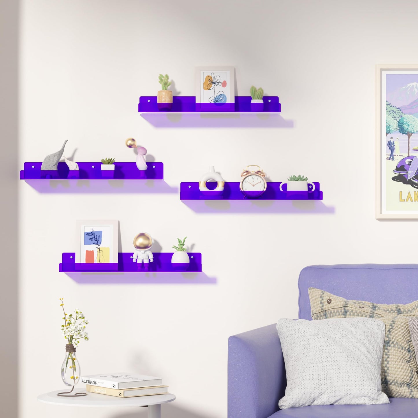 upsimples 4 Pack Acrylic Shelves for Wall Storage, 15" Floating Bookshelves for Kids, Display Shelf Organizer for Bathroom, Bedroom, Living Room, Kitchen, Room Decor, Clear Purple