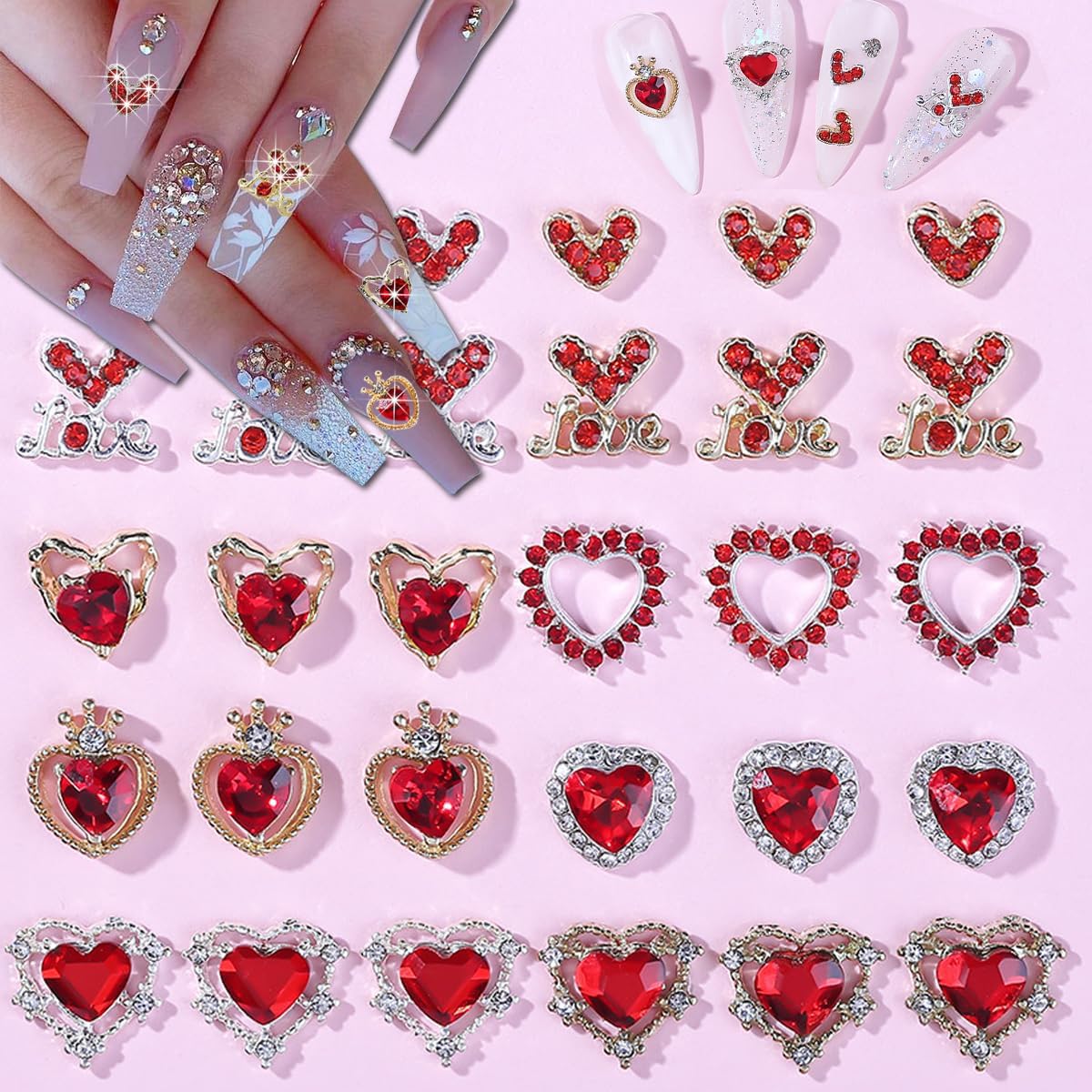 30 Pcs Valentine’s Day Nail Charms 3D Alloy Nail Art Charms 3D New Heart Love Shape Red Valentine's Day Gems Design for Manicure Craft DIY Diamond Nail Rhinestone Manicure Accessories