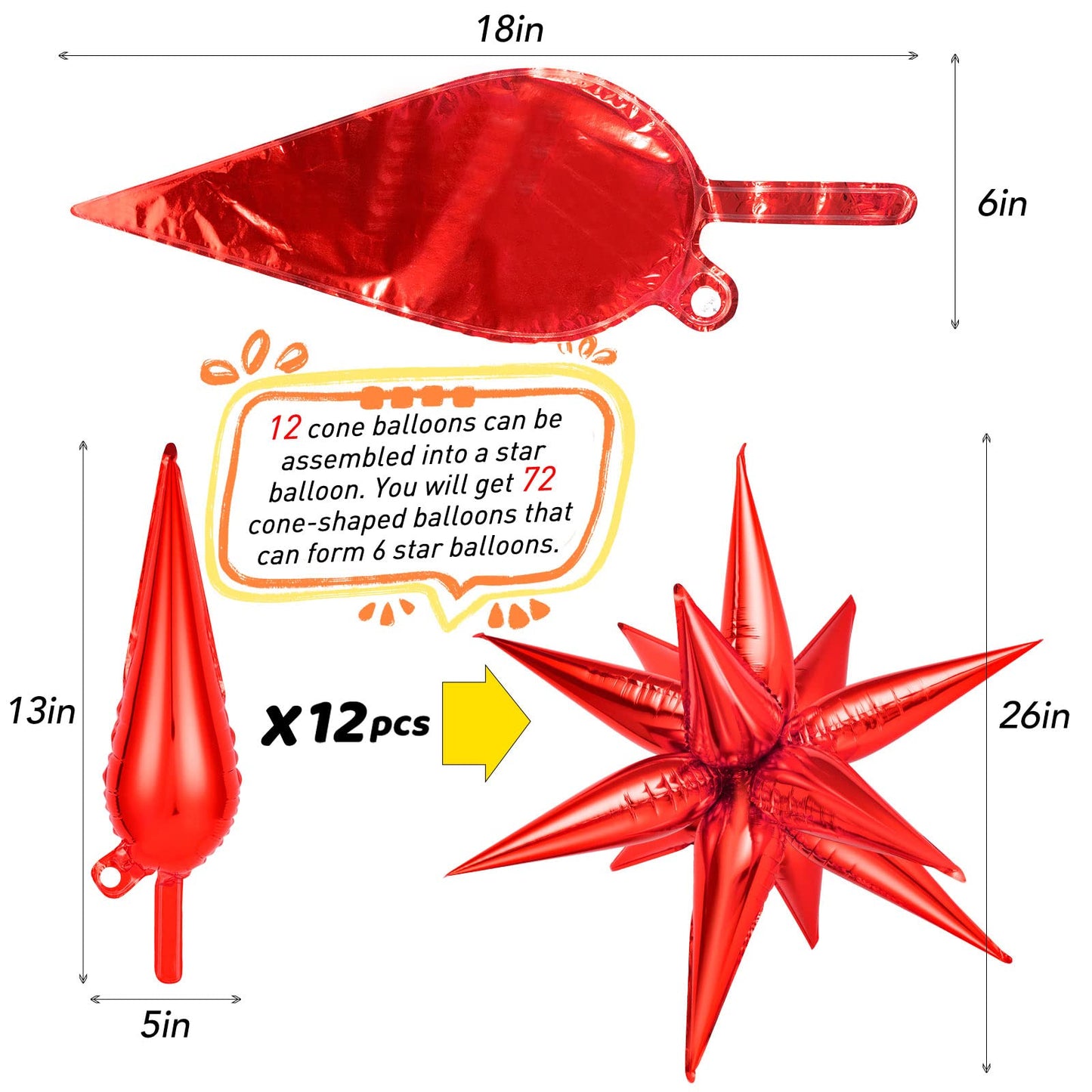 72 Pcs Red Starburst Balloons - 26 Inch Explosion Starburst Foil Cone Balloons, 12 Point Large Balloons for Wedding Birthday Party Decoration Baby Shower Photo Background Red Star Cones