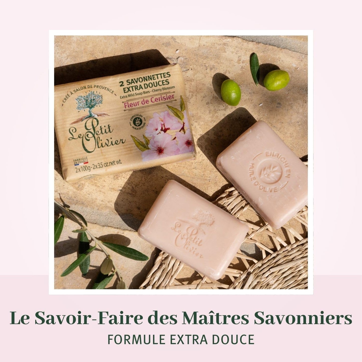 Le Petit Olivier Extra Mild Soap - Cherry Blossom - Gently Cleanses Skin - Delicately Perfumed - Vegetable Origin Based - 2 pc