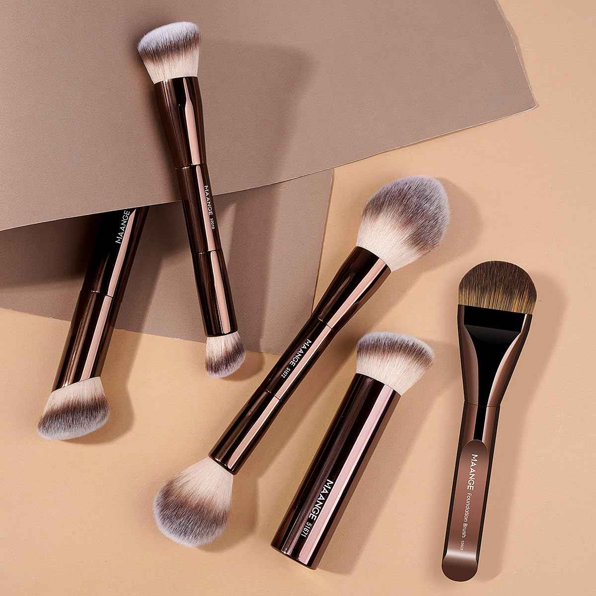 MAANGE 5 PCS Foundation Makeup Brush Set Double-ended Kabuki Mask Contour Brush for Liquid Powder Concealer Cream Cosmetics Blending Makeup Brushes (Coffee)