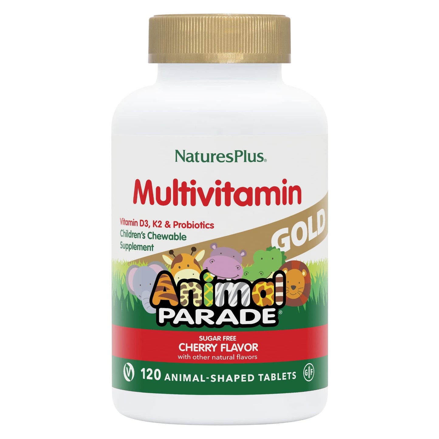 Natures Plus Animal Parade Gold Children's Chewable Multivitamin - Natural Cherry Flavor - 60 Animal Shaped-Tablets - with Vitamin D3, K2 & Probiotics - Vegetarian & Gluten Free - 120 Servings