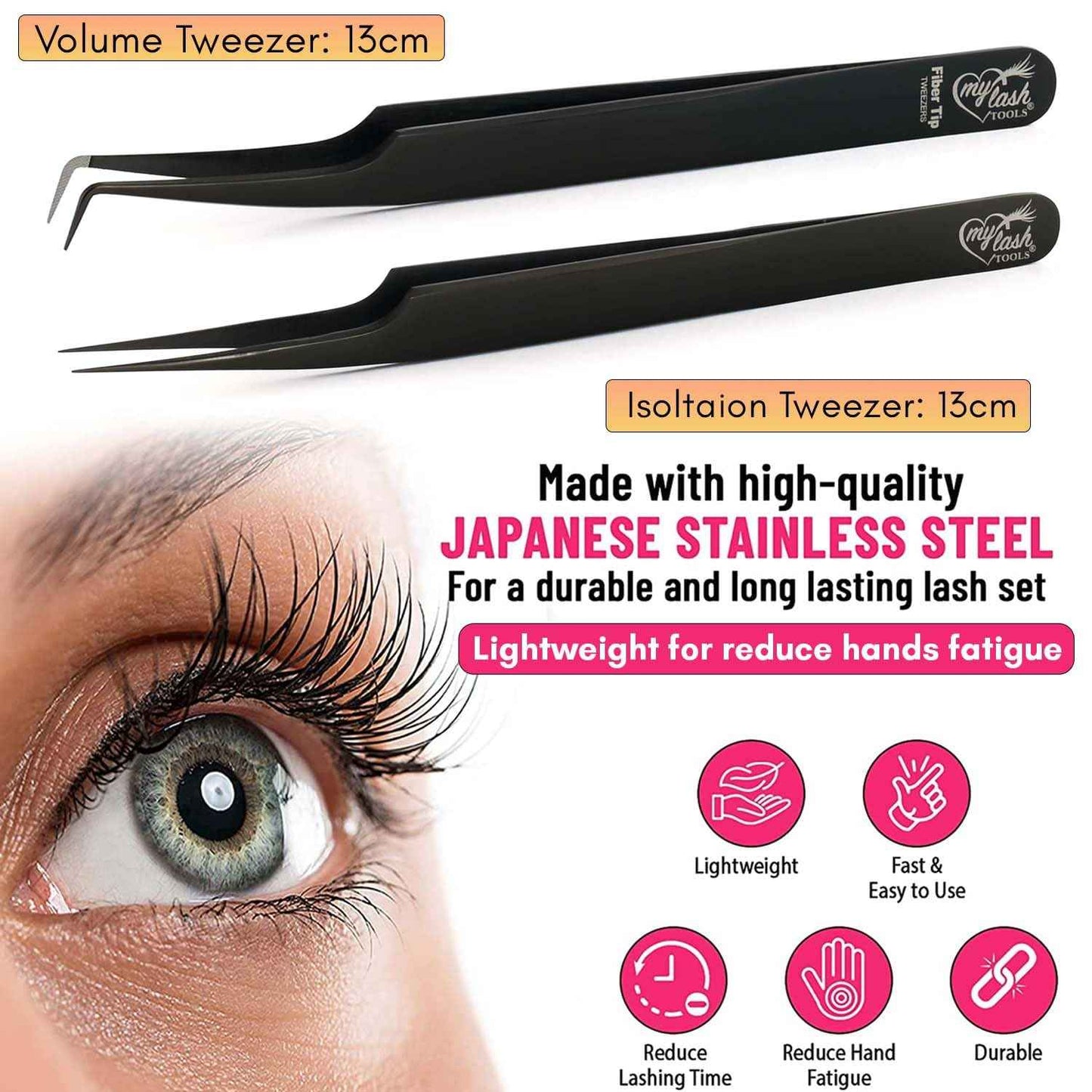 My Lash Tools 2Pcs Fiber Tip Lash Tweezers for Eyelash Extensions and Straight Isolation Tweezer Set – Professional Precision Fan Making, Mega Volume Boot Lashing, Classic & Mink Eyelashes, Black