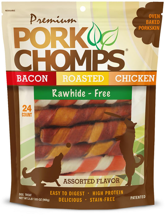 Pork Chomps Baked Pork Skin Dog Chews, 6-inch Twists, Assorted Flavors, 24 Count