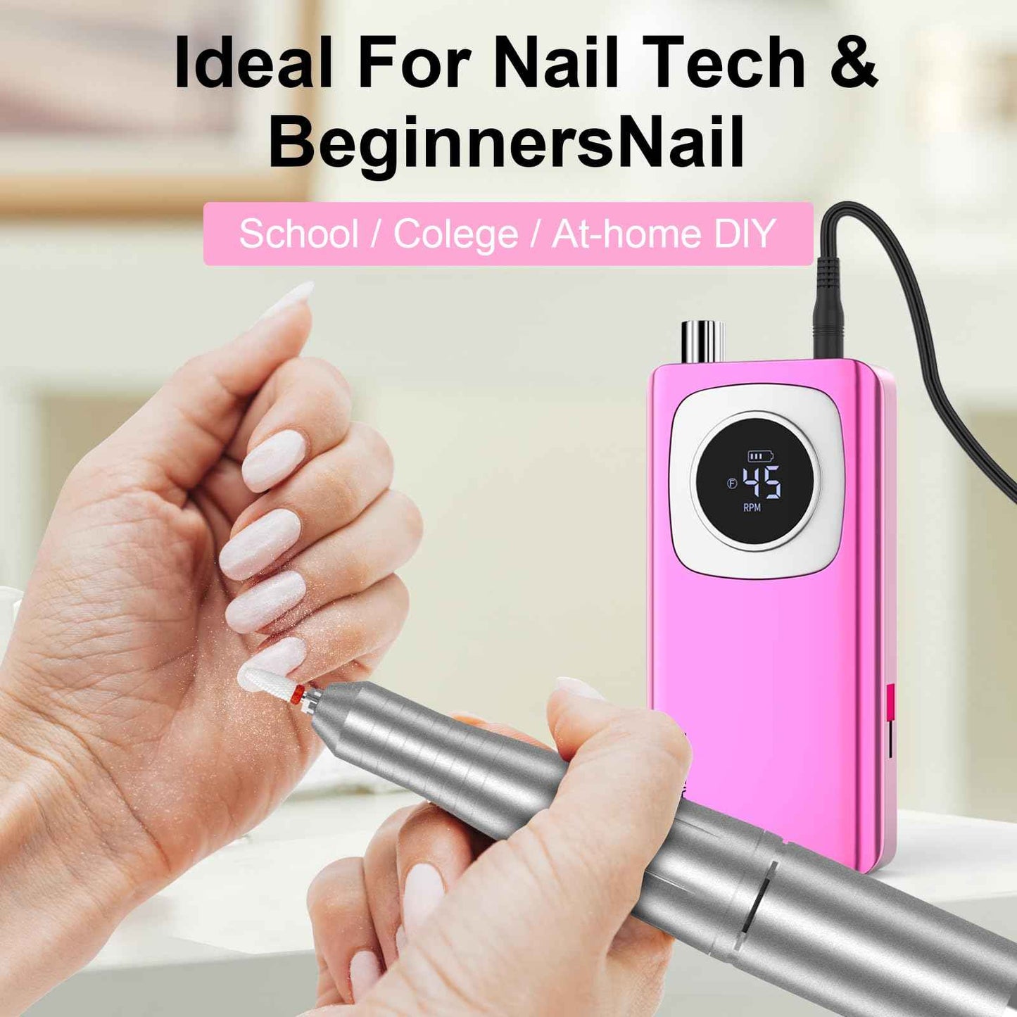 Electric Nail Drill Professional: Rechargeable Nail File with Bits for Acrylic Gel Nails, Professional Nail Drill Manicure Pedicure Polishing Shape Tools for Home Salon