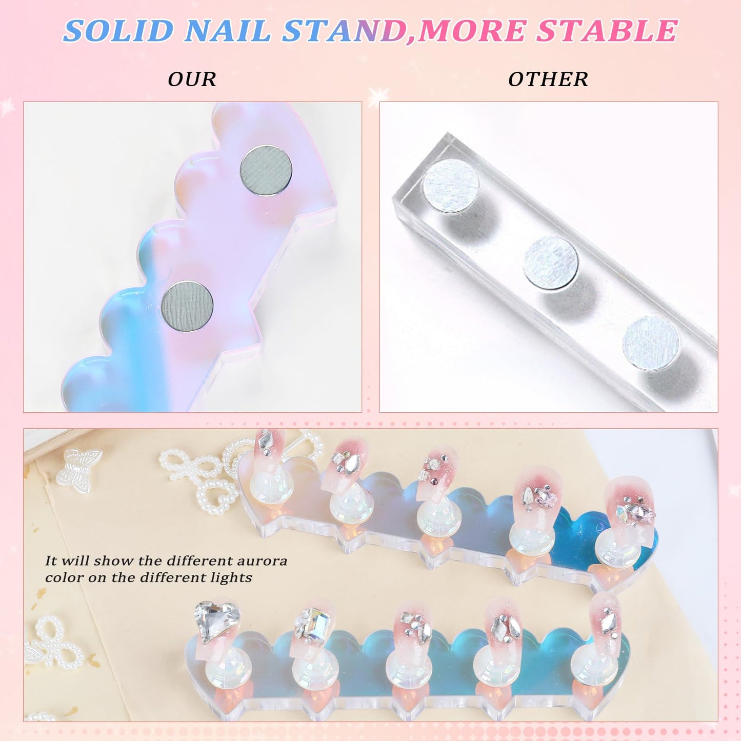 ANGNYA 2 Set Nail Stands for Press On, Heart-shaped Nail Holder for Painting Nails Aurora Nail Stand with Reusable Adhesive Putty Clay Strong Magnetic Nail Display Art Stand for Painting Nails