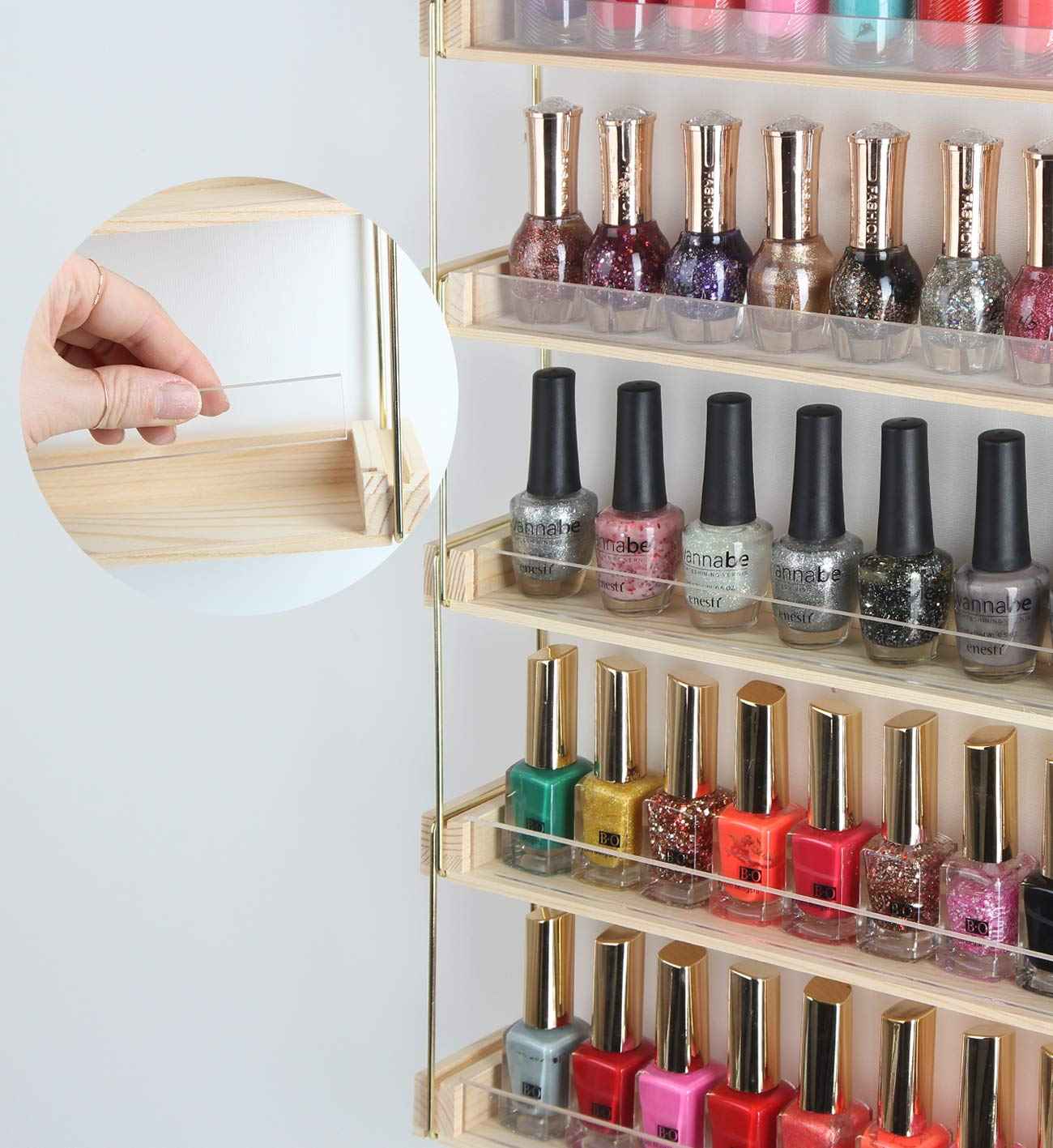 J JACKCUBE DESIGN Wall Mount Gold Metal and Wood Nail Polish Display Shelves Rack Organizer Holds 60 Bottles (5 Tier) - MK543A
