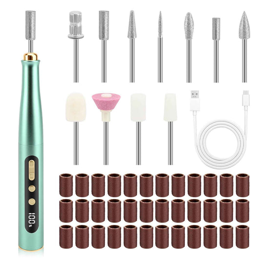 VINGVO Cordless Electric Nails Drill Filer Set, Professional Manicure Pedicure Kit with Bits for Acrylic, Portable Electric Files & Buffers for Toenail Cuticle Hand Foot Care Polish Tool (Green)