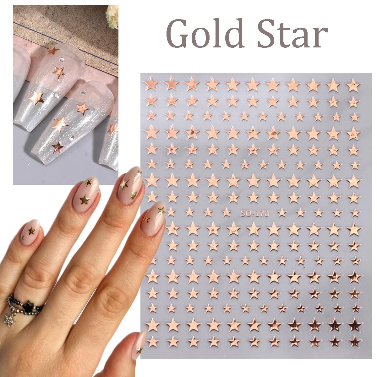 6 Sheets Star Nail Stickers 3D Black Silver Gold Star Stickers for Nails Art Design White Gold Nail Art Stickers Foil Nail DIY French Nail Decals for Women Manicure Tips Accessories