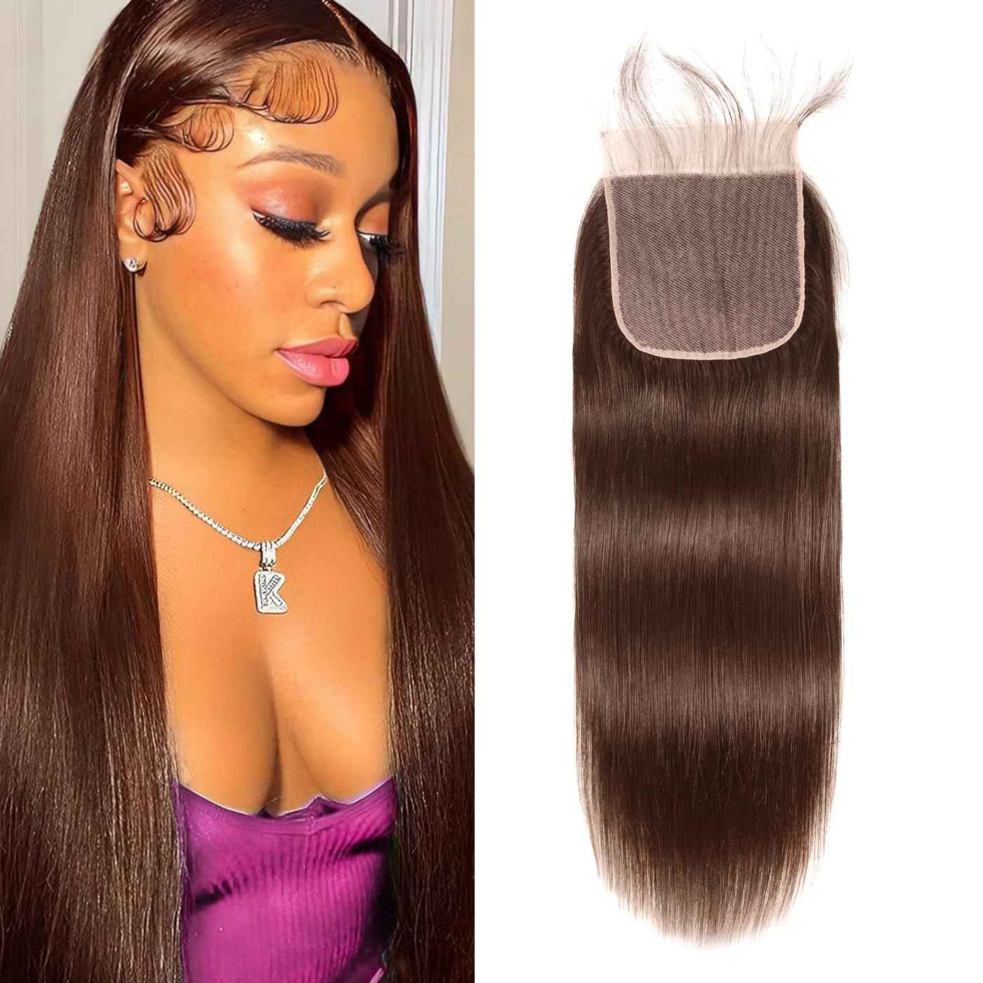 5x5 Brown Transparent Lace Closure Chocolate Human Hair 5x5 Straight Pre Plucked Natural HairLine Knots Bleached Baby Hair Brazilian Virgin Remy 10 inch