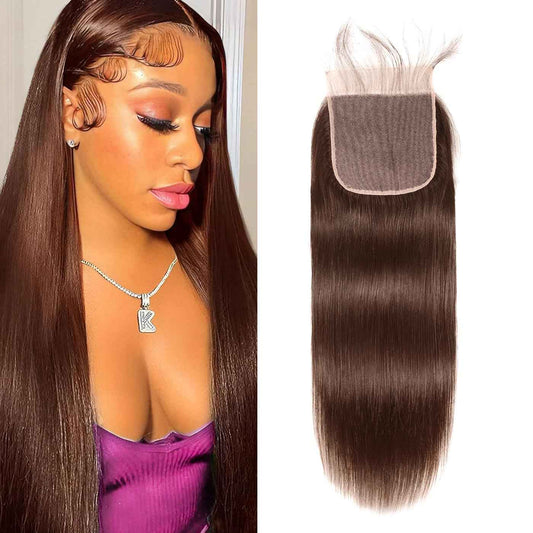 5x5 Brown Transparent Lace Closure Chocolate Human Hair 5x5 Straight Pre Plucked Natural HairLine Knots Bleached Baby Hair Brazilian Virgin Remy 10 inch