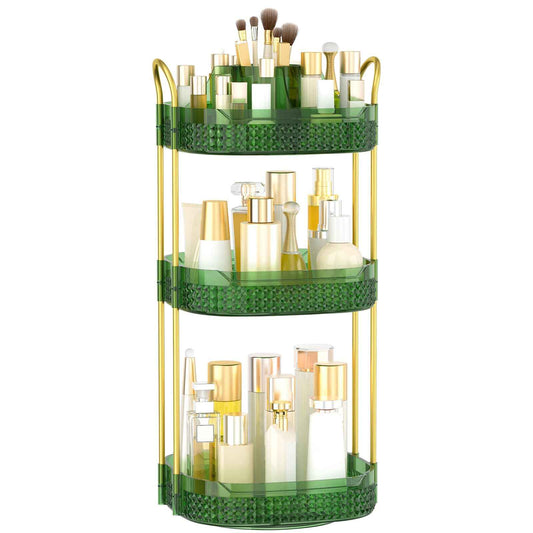 BOCONY Rotating Makeup Organizer for Vanity 3 Tier, Perfume Organizer with Makeup Brush Holder, Large Capacity Cosmetics Clear Skincare Organizer for Countertop (Green)