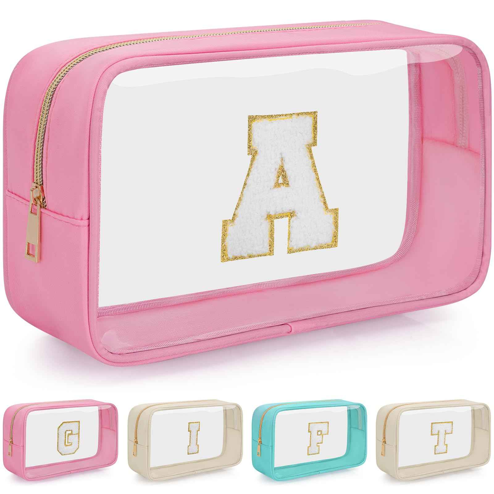 WELIDAY Personalized Initial Clear Makeup Bag, Travel Chenille Patch Cosmetic Bag, Preppy Toiletry Bag Monogram Cosmetic Pouch with Zipper, Ideal Gift for Teen Girls Women (Clear-Pink, A)