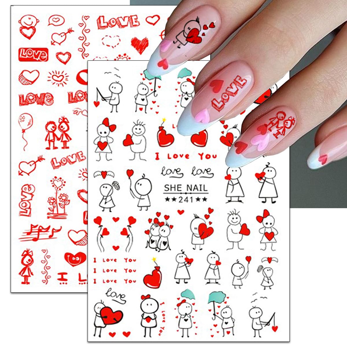 Valentines Day Nail Stickers Decals DIY Self-Adhesive Red Valentines Nail Art Romance Love Lovers Heart Sexy Nail Stickers Design Valentines Supplies Nail Decorations for Women Girls (8 Sheets)