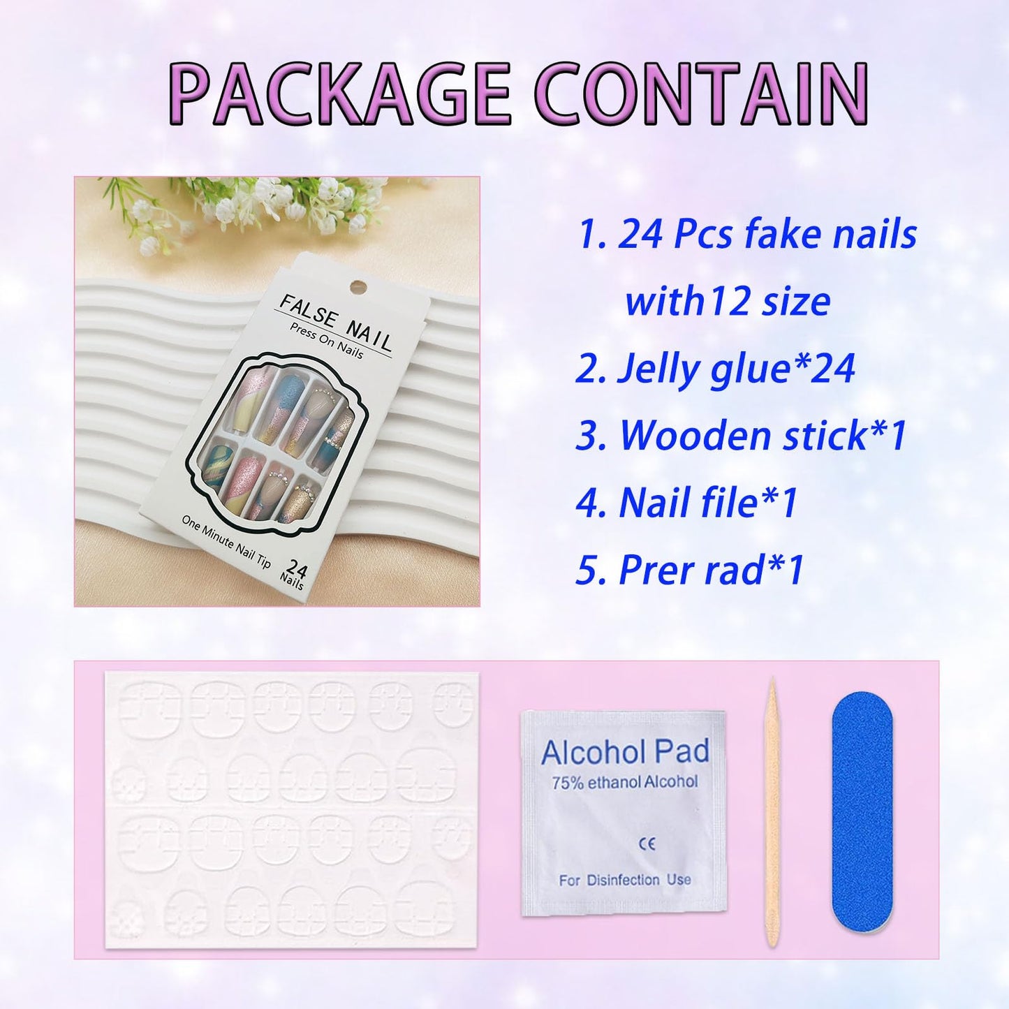 Long Press on Nails Coffin Fake Nails Press ons Full Cover Stick on Nails with Colorful Sequins Designs Acrylic False Nails Rhinestones Matte with Glue on Nails for Women 24 Pcs