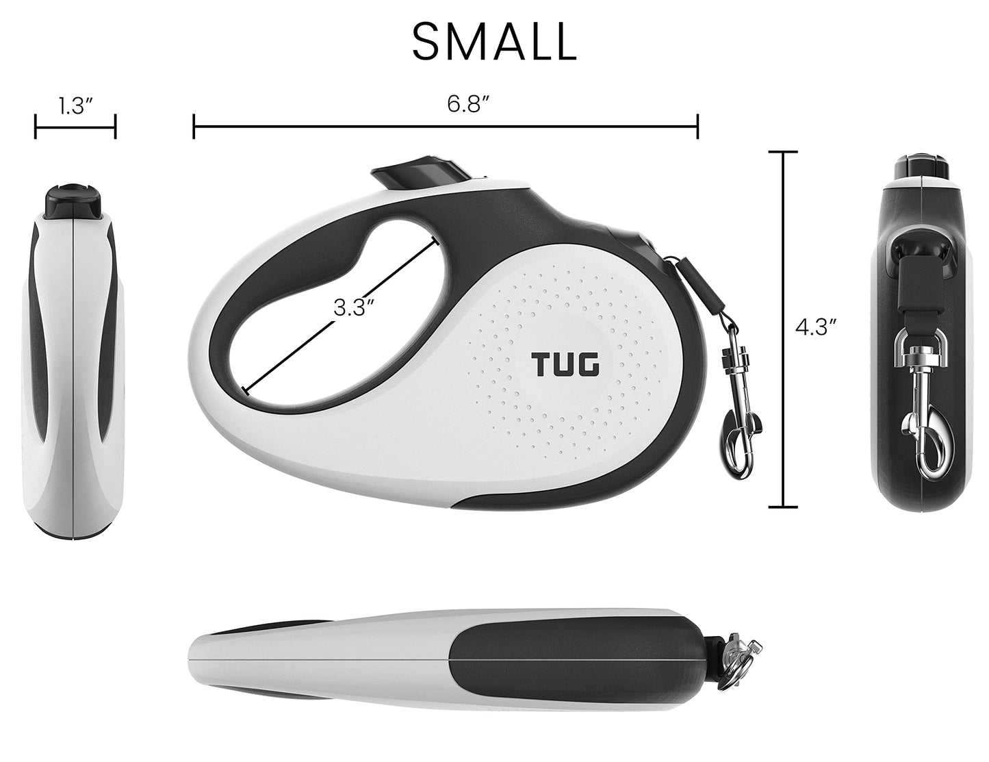 TUG 360° Tangle-Free Retractable Dog Leash with Anti-Slip Handle | 16 ft Strong Nylon Tape | One-Handed Brake, Pause, Lock (Small, White)